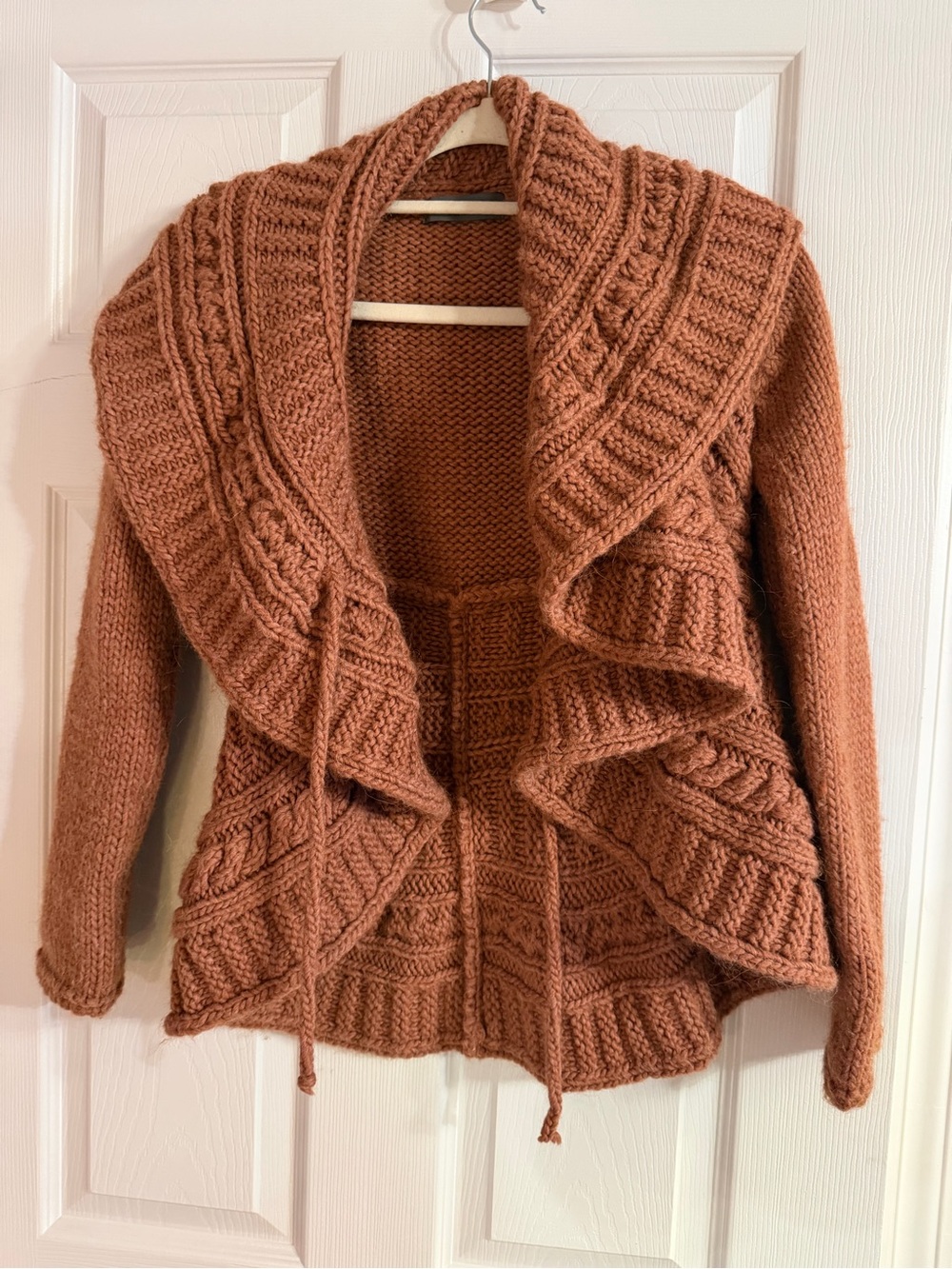Elsamanda Brown Cable Knit Ruffle Collared Open Front Cardigan Sweater Small